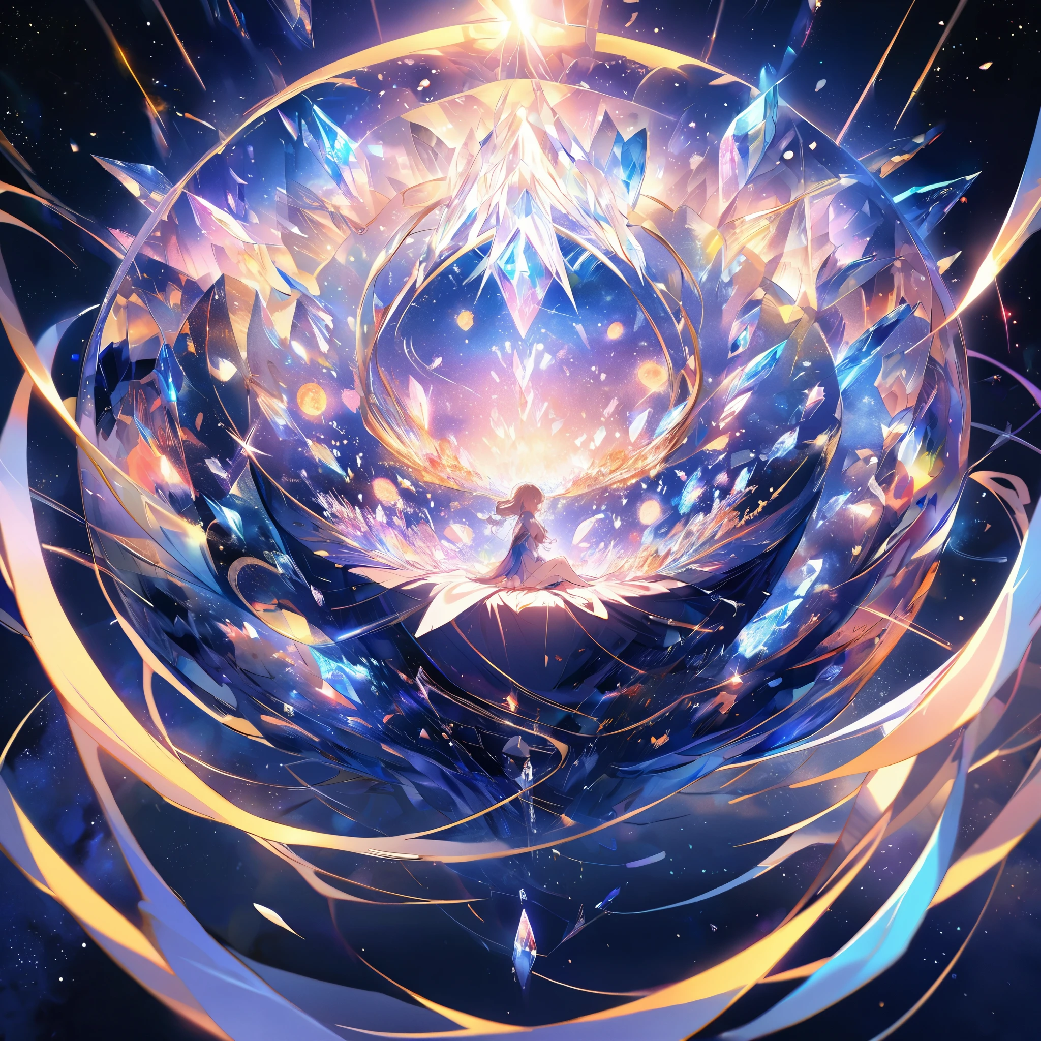 The crystal girl curled up in the center of the picture，Surrounded by space and stardust