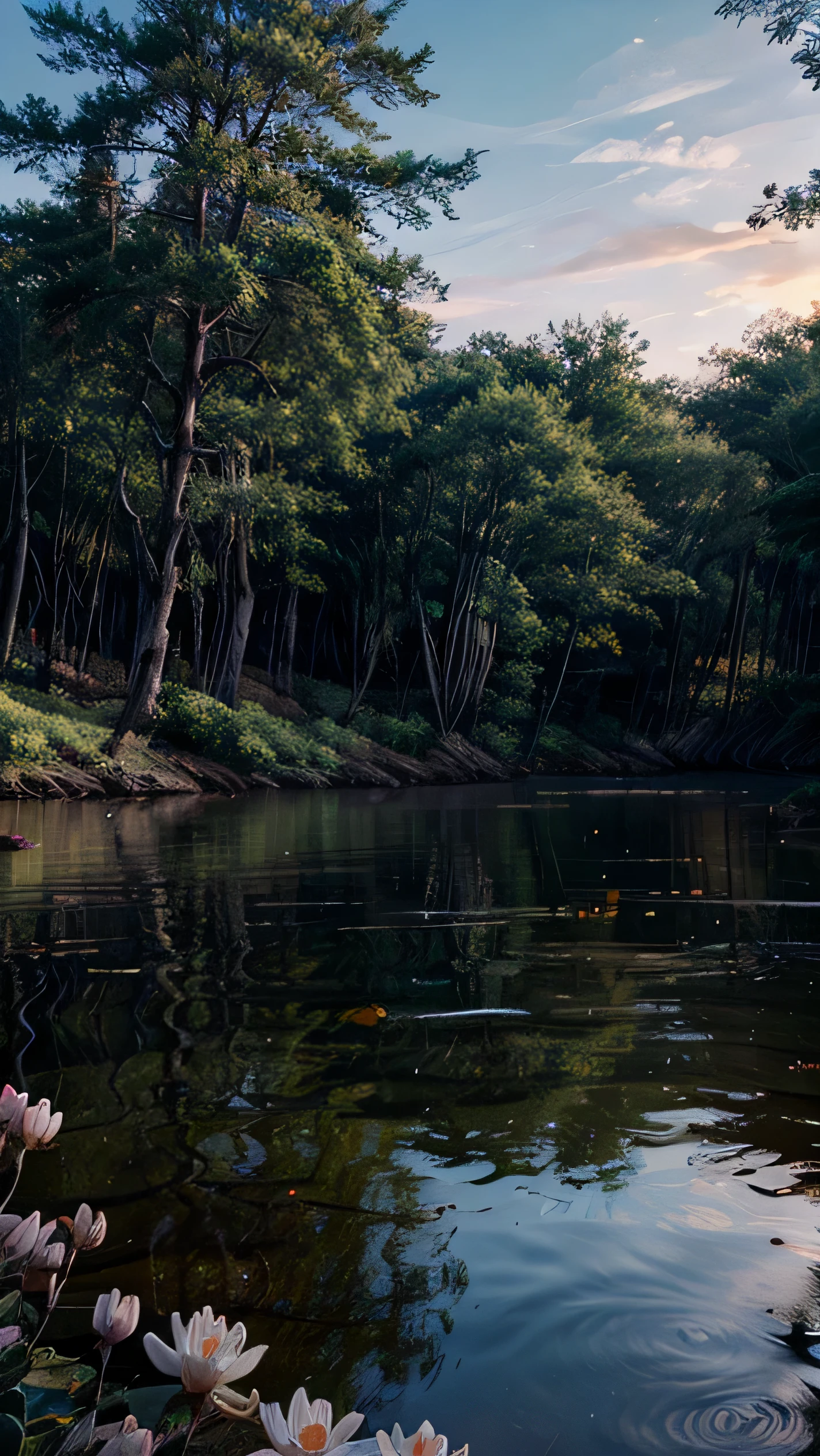 Rainforest at dusk,pond,flowers,Pixar movie style, best quality, movie stills,