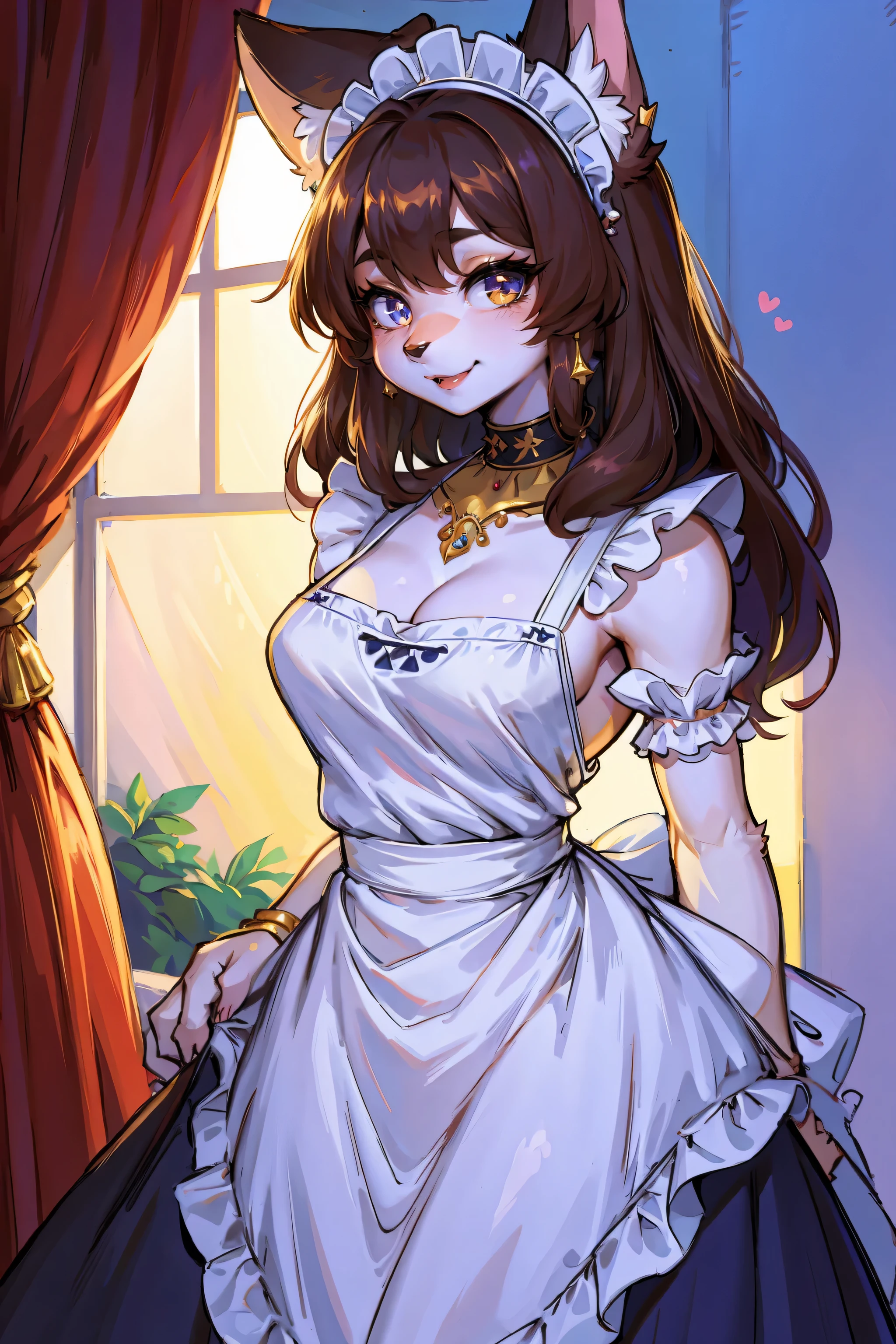 maid,(maid_dress:1.5),furry_girl,(dog_ears:1.2),Cute anime art style,Super detailed,hairy,dog girl,(fair/Exquisite eyes:1.1),Feminine face,Long eyelashes,(jewelry/Accessories:1.2),Well-proportioned body,Inspired by Luna,(Reasonable structure:1.1),(perfect Exquisite eyes:1.5),erect,Cat&#39;s Eye,Smile,(Wearing a lot of jewels:1.2),(Sexy body:1.2),thick_thighs,cute,Seductive smile,(Best quality,8K,high resolution,masterpiece:1.2),