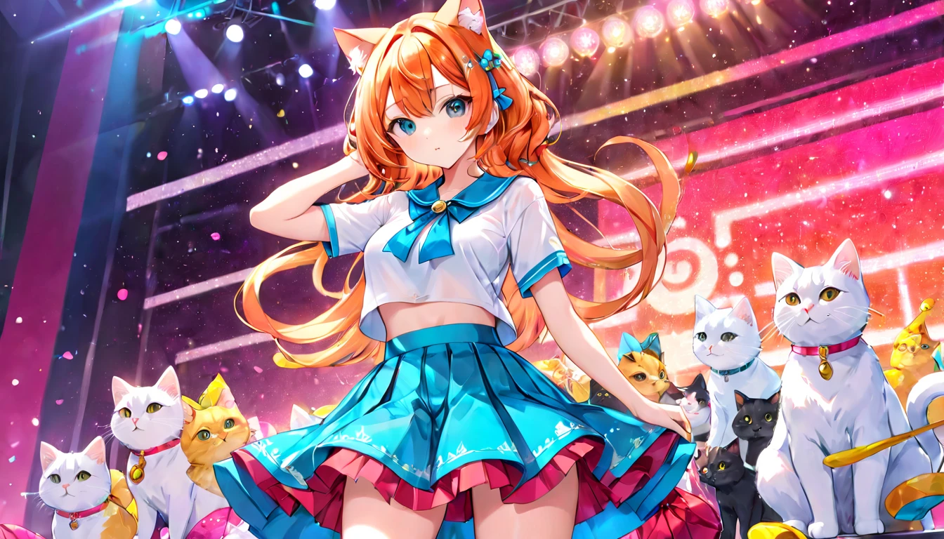 Create an image featuring an idol with a vibrant and eye-catching skirt, styled in a way that highlights the design and colors of the skirt. The idol should be portrayed in a fashionable and elegant manner, showcasing the skirt as a central piece of the outfit. The background should complement the overall aesthetic and draw attention to the skirt in a tasteful and artistic way.cat ear