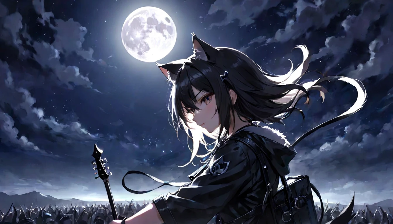 7. Metal: A metal musician headbanging fiercely under the full moon in the dark night BREAK
,cat ear,woman