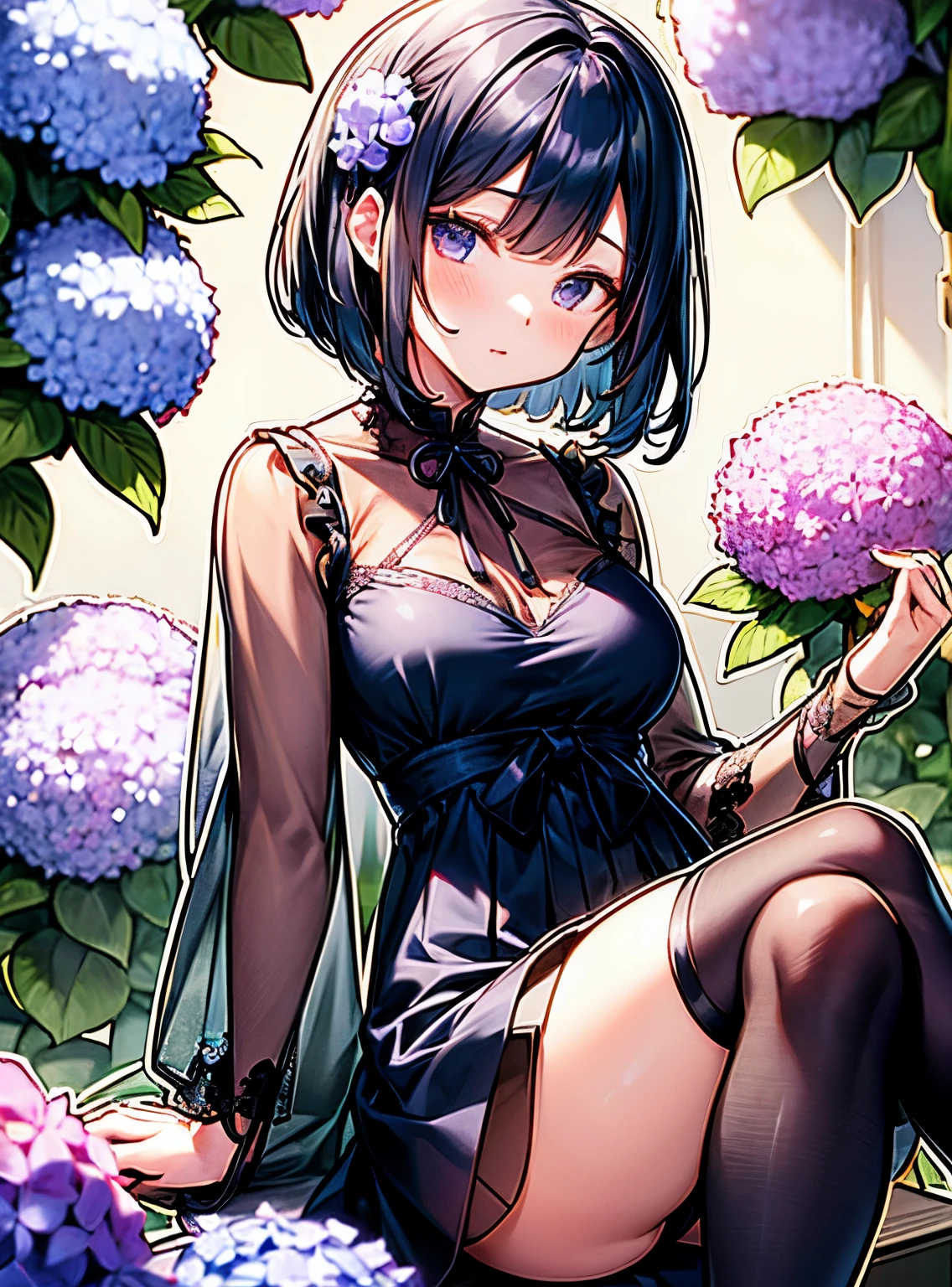 Cute Girls、Japanese、Surrounded by hydrangeas、Sitting with legs crossed、Fashionable hair ornaments、Attractive breasts、Short Bob、dress、black tights、See-through underwear