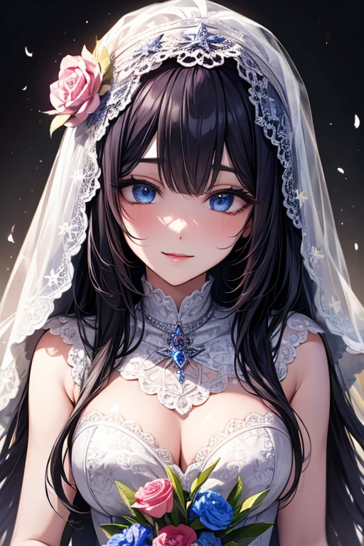 masterpiece, masterpiece_portrait, distinct, distinct_image, high_resolution, highres, high_quality_anime, high_quality, hyper_detail, finely_detailed,4K, YUJU, GFRIEND, KPOP , white Wedding Dress, sexy body, ((black hair)), blue eyes, wedding veil, bouquet, smile, happy