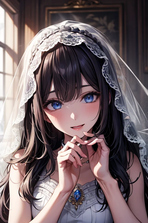 masterpiece, masterpiece_portrait, distinct, distinct_image, high_resolution, highres, high_quality_anime, high_quality, hyper_detail, finely_detailed,4K, YUJU, GFRIEND, KPOP , white Wedding Dress, sexy body, ((black hair)), blue eyes, wedding veil, bouquet, smile, happy