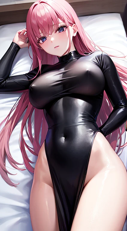 8k, highest quality, masterpiece:1.2, Super Detail, Pink long hair、 Pink shiny catsuit:1.5、very, very big breasts、Nipples、Very large breasts、R18 prohibited、risque clothes、Purple eyes
