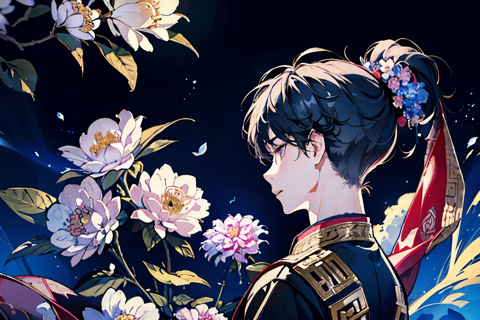 ((A boy )),(Ancient Chinese style war god costume),(ponytail:1.5),((Fantasy)),(Bright atmosphere background),((In combat)),(battlefield),(sword:1.3),((Active Movement)),(A lot of large flowers are overflowing),(Top view)