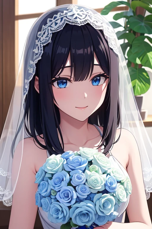 masterpiece, masterpiece_portrait, distinct, distinct_image, high_resolution, highres, high_quality_anime, high_quality, hyper_detail, finely_detailed,4K, YUJU, GFRIEND, KPOP , white Wedding Dress, sexy body, ((black hair)), blue eyes, wedding veil, bouquet, smile, happy