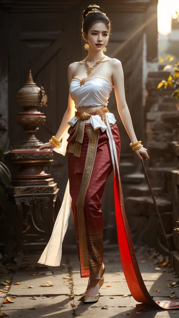 beautiful girl ,Thai women&#39;warrior, walking at thai measure, dynamic poses, Thai Chat Set, Strapless shirt, long hair,black eyes,abdominal muscles, thin body, rounded chest, (big breast:1.3), rift, small thighs, Long legs, morning sun, staring at the audience, (sexy poses), ((face details)), Double eyelids, that is finished, realistic, Masterpiece, qualityสูงสุด, lens flare, shade, old measure, measure, [[Chromatic aberration]], By Jeremy Lipking, By Antonio J... Manzanedo, digital painting, HDR, high contrast, Covered in a long thin sash, Beautiful figure, (realistic:1.3), Crazy details, quality, (Masterpiece:1.2), (ภาพrealistic:1.2), (qualityที่ดีที่สุด), (Beautiful skin:1.3), (There are complicated details...), Ray tracing, ((Full body)), ((ผู้หญิง 1 person)), (((1 person))), Age 18-20 years, ((long hair, for a very long time., ปล่อยlong hair)), smile, red tank top, white coat, red striped skirt., Contrasting colors with dresses and skirts..., Show off your pretty shoulders..., skirt pattern, earring, necklace, Javanese jewelry, (blurred background), riftของเต้านม, big breast, Beautiful breasts, Big breast augmentation, Long legs, white skin, charming, ultimate beauty