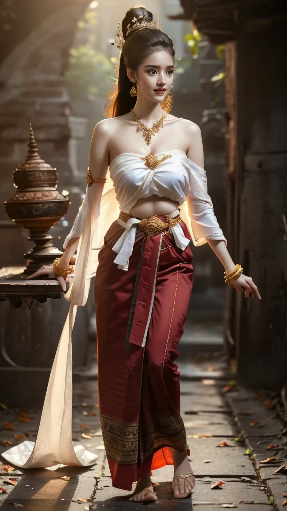 beautiful girl ,Thai women&#39;warrior, walking at thai measure, dynamic poses, Thai Chat Set, Strapless shirt, long hair,black eyes,abdominal muscles, thin body, rounded chest, (big breast:1.3), rift, small thighs, Long legs, morning sun, staring at the audience, (sexy poses), ((face details)), Double eyelids, that is finished, realistic, Masterpiece, qualityสูงสุด, lens flare, shade, old measure, measure, [[Chromatic aberration]], By Jeremy Lipking, By Antonio J... Manzanedo, digital painting, HDR, high contrast, Covered in a long thin sash, Beautiful figure, (realistic:1.3), Crazy details, quality, (Masterpiece:1.2), (ภาพrealistic:1.2), (qualityที่ดีที่สุด), (Beautiful skin:1.3), (There are complicated details...), Ray tracing, ((Full body)), ((ผู้หญิง 1 person)), (((1 person))), Age 18-20 years, ((long hair, for a very long time., ปล่อยlong hair)), smile, red tank top, white coat, red striped skirt., Contrasting colors with dresses and skirts..., Show off your pretty shoulders..., skirt pattern, earring, necklace, Javanese jewelry, (blurred background), riftของเต้านม, big breast, Beautiful breasts, Big breast augmentation, Long legs, white skin, charming, ultimate beauty