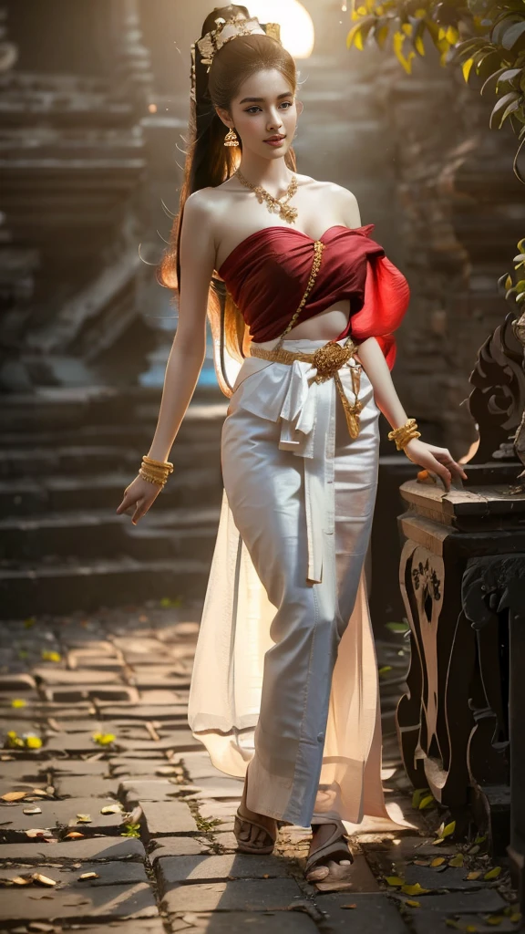 beautiful girl ,Thai women&#39;warrior, walking at thai measure, dynamic poses, Thai Chat Set, Strapless shirt, long hair,black eyes,abdominal muscles, thin body, rounded chest, (big breast:1.3), rift, small thighs, Long legs, morning sun, staring at the audience, (sexy poses), ((face details)), Double eyelids, that is finished, realistic, Masterpiece, qualityสูงสุด, lens flare, shade, old measure, measure, [[Chromatic aberration]], By Jeremy Lipking, By Antonio J... Manzanedo, digital painting, HDR, high contrast, Covered in a long thin sash, Beautiful figure, (realistic:1.3), Crazy details, quality, (Masterpiece:1.2), (ภาพrealistic:1.2), (qualityที่ดีที่สุด), (Beautiful skin:1.3), (There are complicated details...), Ray tracing, ((Full body)), ((ผู้หญิง 1 person)), (((1 person))), Age 18-20 years, ((long hair, for a very long time., ปล่อยlong hair)), smile, red tank top, white coat, red striped skirt., Contrasting colors with dresses and skirts..., Show off your pretty shoulders..., skirt pattern, earring, necklace, Javanese jewelry, (blurred background), riftของเต้านม, big breast, Beautiful breasts, Big breast augmentation, Long legs, white skin, charming, ultimate beauty