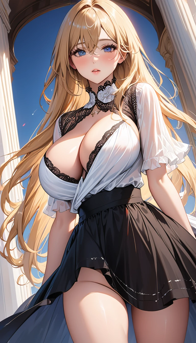 masterpiece:1.4,best-quality,Super Detail,Very Delicate and Beautiful, (( nsfw, low angle shot )), elegant slut, black skirt, blonde long hair, very gigantic breasts, cleavage, very slender, perfect face