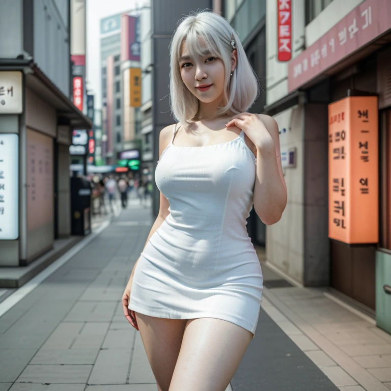 masterpiece, maximum quality, ultra high resolution, 8k, korean girl, full body, detailed face, detailed eyes, shy smile, white hair, wearing a short dress, wide hips, thick thighs, walking the streets of Seoul