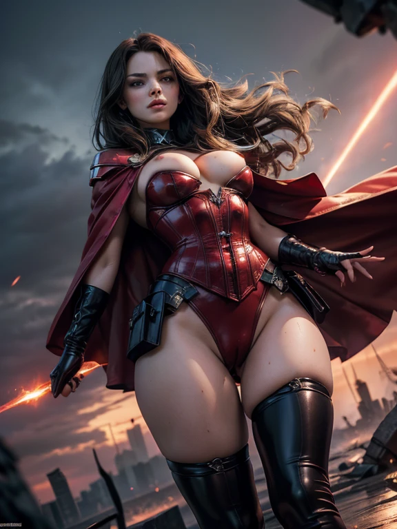 . The setting is the middle of a ruined nyc war-torn urban warfare with rubble collapsed buildings and debris scattered around. 
 In the foreground, pornstar margot robbie as marvel comics scarlet witch wearing original comicbook classic costume design  scarlet red latex corset and latex micro-front- -wedgie panties and pink tights, red cape (scarlet witch classic costume)
high heel boots
( use scarlet witch costume reference urls: https://i.pinimg.com/originals/b9/d1/83/b9d1836758e418b29617bfa0dc4edf31.jpg
https://cosplayers.acparadise.com/53187/53187-f5e74a72cc100ecef27cf125ad9c9ac5.jpg
https://images-wixmp-ed30a86b8c4ca887773594c2.wixmp.com/f/69a946b2-4e42-45ce-afac-63d16bfbe1fa/d5lymgl-25327665-fa69-447d-a9f1-e03fb9dcb1aa.jpg/v1/fill/w_730,h_1095,q_75,strp/scarlet_witch_recline_by_hollygloha-d5lymgl.jpg )
pornstar smoky eyes dark eyeliner, mascara, eyeshadow make up
ultra-tight high waist ultra-high-cut  panties showing her , pelvis and detailed , smooth 
red satin cape billowing in the wind
long black hair rimlight blowing billowing in the wind summons lightning, casting a powerful spell.  oiled wet sweaty body. The sky is dark and ominous, with flashes of lightning illuminating the scene. The scene is dynamic and intense, capturing the chaos and heroism of the battle.
, low-angle shot, wide-angle shot, handheld shot, dramatic angle, extreme angle shot, epic fantasy
scarlet red  strap bondage costume
mylatexbaby
latex-post.com
(red satin cape billowing in the wind)
deep detailed bald- 