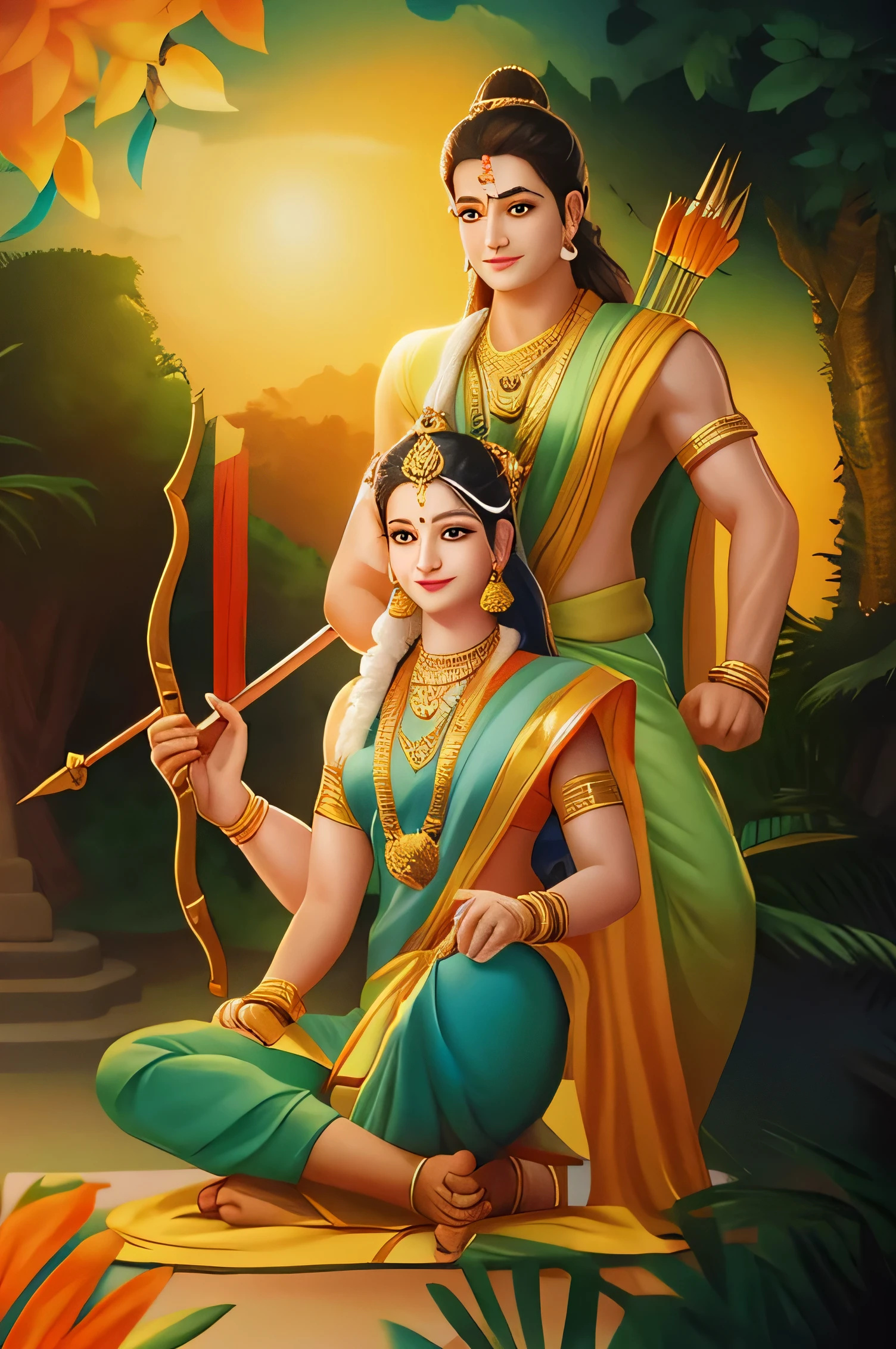 there is a painting of a couple of people sitting on a rock, from ramayan, hindu gods, ashoka tano, hindu art, vanara, sharandula, hindu god, temple background, inspired by Ram Chandra Shukla, portrait shot, indian god, hd art, leaked image, artemis, 1128x191 resolution