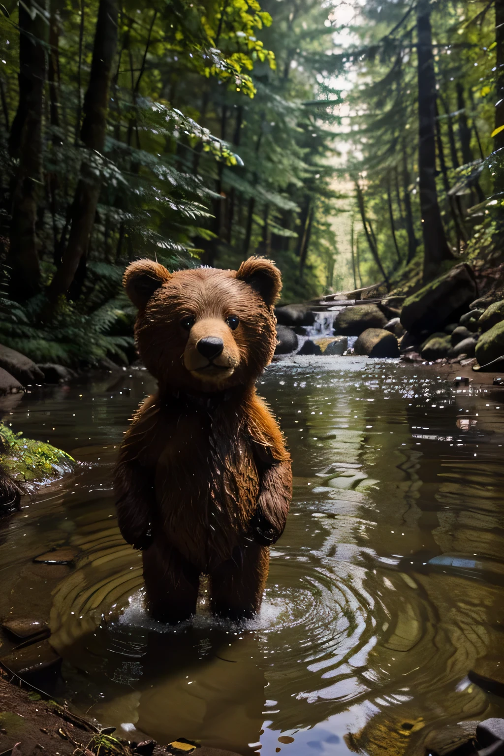 On the bank of a forest river、A brown bear standing menacingly on two legs