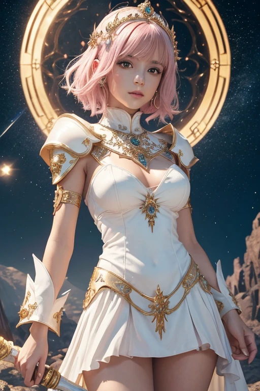 (master piece:1.5), (best quality:1.5), 8k,wallpaper, Full Body Female short light pink hair dark fantasy girl wearing an intricate elaborate futuristic holy white armor with holy white mini dress with elaborated holy gold ornaments, white short mini skirt, wearing a large staff, conjuring a magic circle, stars, night desert background with a big floating rock behind in the distance, ethereal lightning, sharp focus