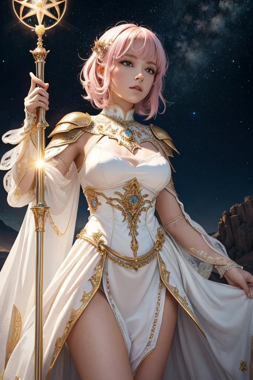 (master piece:1.5), (best quality:1.5), 8k,wallpaper, Full Body Female short light pink hair dark fantasy girl wearing an intricate elaborate futuristic holy white armor with holy white mini dress with elaborated holy gold ornaments, white short mini skirt, wearing a large staff, conjuring a magic circle, stars, night desert background with a big floating rock behind in the distance, ethereal lightning, sharp focus