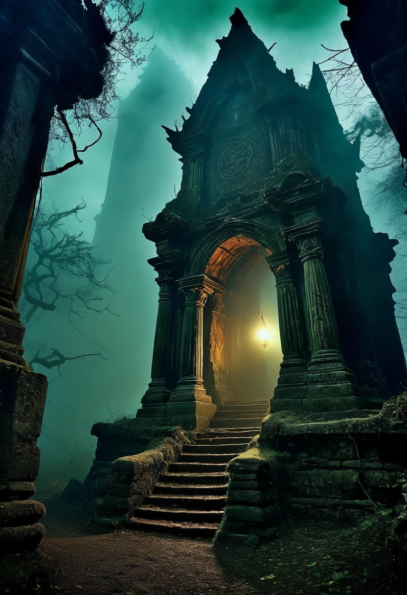 bearer of the curse, soul seeker, cursed traveler, ancient prophecy, haunted destiny, (mysterious and enchanting atmosphere), (forgotten ruins:1.1), (dark and twisted fantasy), (ominous and foreboding:1.1), (sinister and gloomy:1.1), (mystical and ethereal:1.2), (hauntingly beautiful:1.1), (eerie lighting), (dense fog), (spectral figures), (crumbling architecture:1.1), (mysterious mist:1.1), (ominous shadows:1.1), (sinister whispers), (dangerous journey), (decayed souls), (thorny vines), (enchanted artifacts), (ominous sigils:1.1), (ancient legends), (ominous prophecy), (ominous curse), (ancient magic), (mysterious aura:1.1), (uncertain fate), (ominous destiny), (dreadful creatures), (eerie silence), (cursed lands), (dark abyss), (haunted atmosphere), (otherworldly realm), (sinister presence), (forlorn spirits), (everlasting darkness), (eternal suffering), (forbidden knowledge), Cinematic
