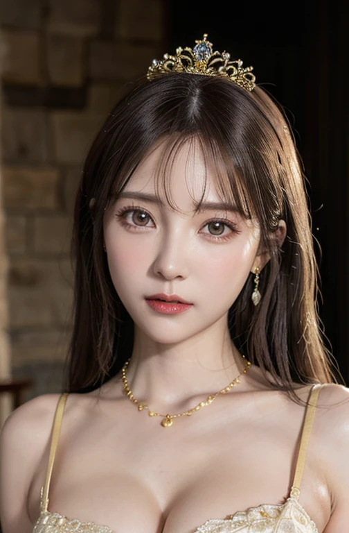 Princess , in castle , detailed hand , high quality, super quality, detailed face, beautiful woman , golden eyes, long hair , mega breast , gorgeous dress, tiara, necklace , earring , sharpe eyebrow ,