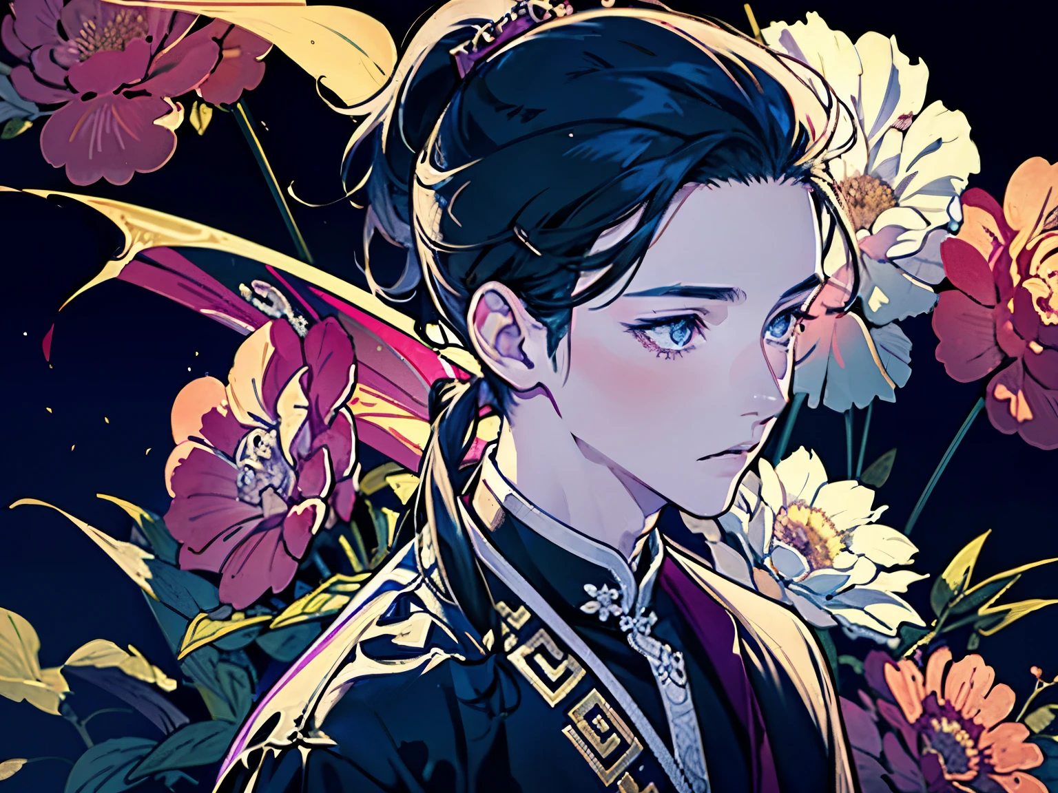 ((A boy about 16 years old)),(Ancient Chinese style war god costume),(ponytail:1.5),((Fantasy)),(Bright atmosphere background),(battlefield),(Sword:1.3),(A lot of large flowers are overflowing),(Top view)