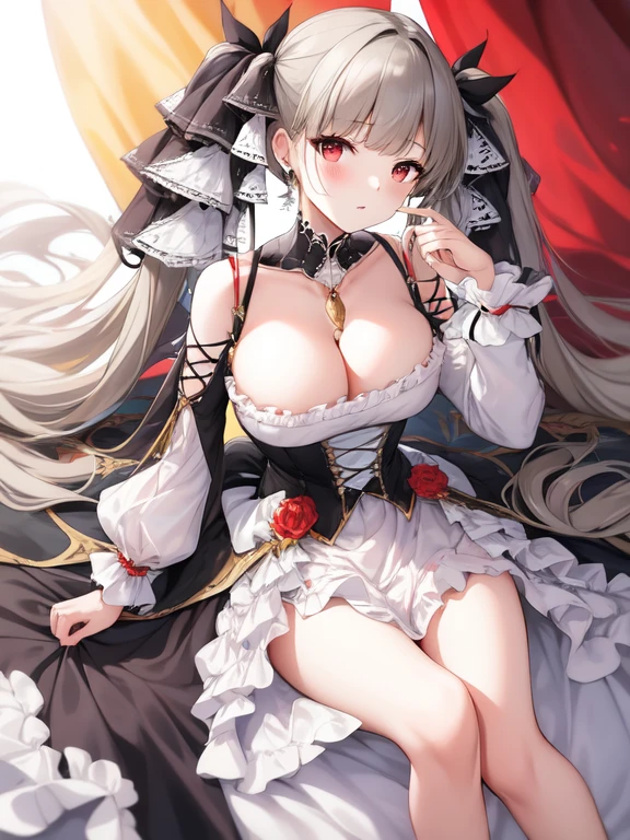 (masterpiece, best quality1.2),illustration,8k,hd,1girls,solo,hand up,(portrait:1.2),long_hair,large_breasts,red_eyes,very_long_hair,bangs,twintails,ribbon,grey_hair,cleavage,hair_ribbon,two-tone_ribbon,between_breasts,black_dress,dress,frills,bare_shoulders,frilled_dress,long_sleeves,two-tone_dress,jewelry,earrings,