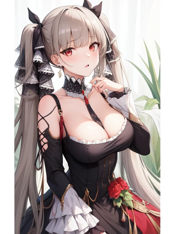 (masterpiece, best quality1.2),illustration,8k,hd,1girls,solo,hand up,(portrait:1.2),long_hair,large_breasts,red_eyes,very_long_hair,bangs,twintails,ribbon,grey_hair,cleavage,hair_ribbon,two-tone_ribbon,between_breasts,black_dress,dress,frills,bare_shoulders,frilled_dress,long_sleeves,two-tone_dress,jewelry,earrings,