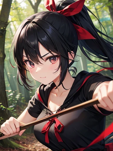 Black Hair,ponytail,Dark Eyes,Dancing in the woods,I have a bowgun,Sharp Eyes,Red ribbon,Double,Cute face