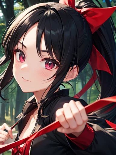 Black Hair,ponytail,Dark Eyes,Dancing in the woods,I have a bowgun,Sharp Eyes,Red ribbon,Double,Cute face