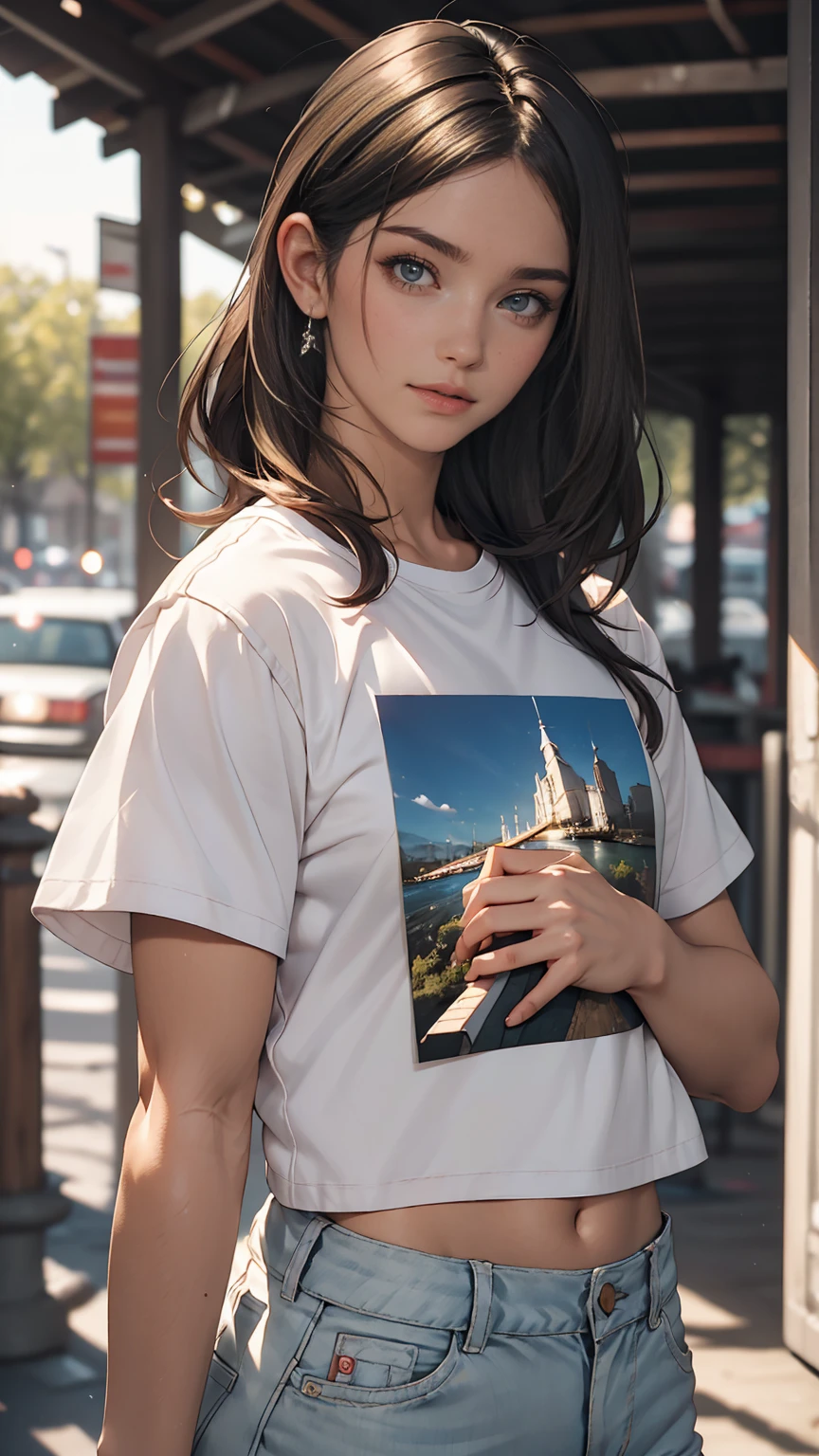 (8k, RAW photograph, highest quality, masterpiece:1.3),(Genuine,photograph:1.37),(Black Hair),Pause,One girl,Very beautiful face,cute,(small),(Hands down))),Poggy Hairstyle,Random Expressions,(White T-shirt),JK_style,(Track Shorts) ,Black Hair,(19 years old),moderate,Five Fingers,Normal hand,small Mouth,Straight hair