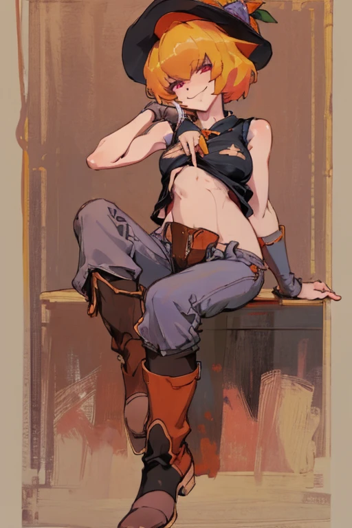 ((highest quality)), ((masterpiece)), (be familiar with),Clementine,Overload,{{nsfw}},Sleeveless shirt,pants,Bewitching Smile,whole body,boots