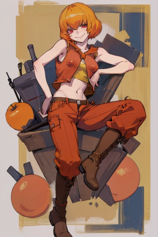 ((highest quality)), ((masterpiece)), (be familiar with),Clementine,Overload,{{nsfw}},Sleeveless shirt,pants,Bewitching Smile,whole body,boots