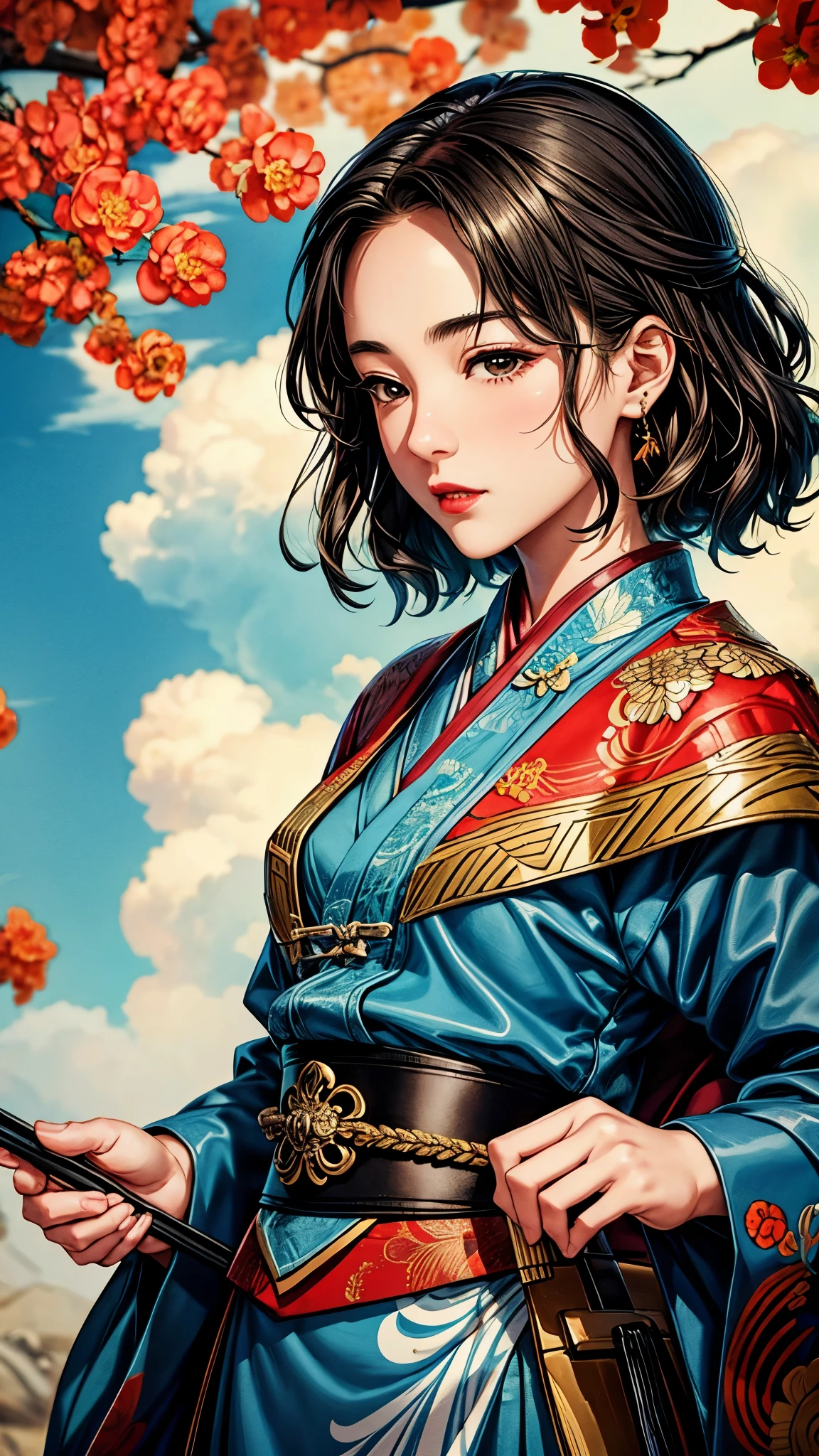 {{{{{illustration}}}}},author:Yuko Shimizu,1 girl,chinese general,Chinese Girl,female focus on, {{Color ink painting}},{{ink splatter}},{{Splash of Color}},{{{Colorful}}},{{sketch}}, masterpiece,best quality, Beautiful painting,Very detailed,