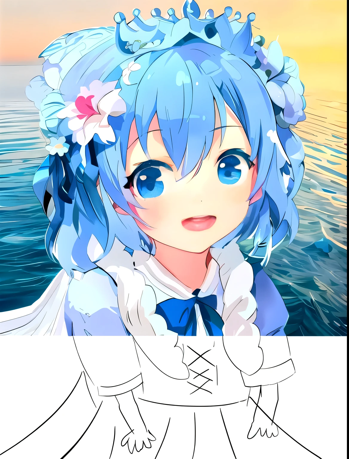 (blue-haired, blue-eyed) anime girl in front of the sea, anime art style, incredibly detailed anime girl drawing, working in an anime artist's studio, anime art style with hyper-detailed, flat shading, anime art style, anime art style, anime portrait, anime 3D, anime style. (best quality, 8k, realistic) anime art style, anime style.
