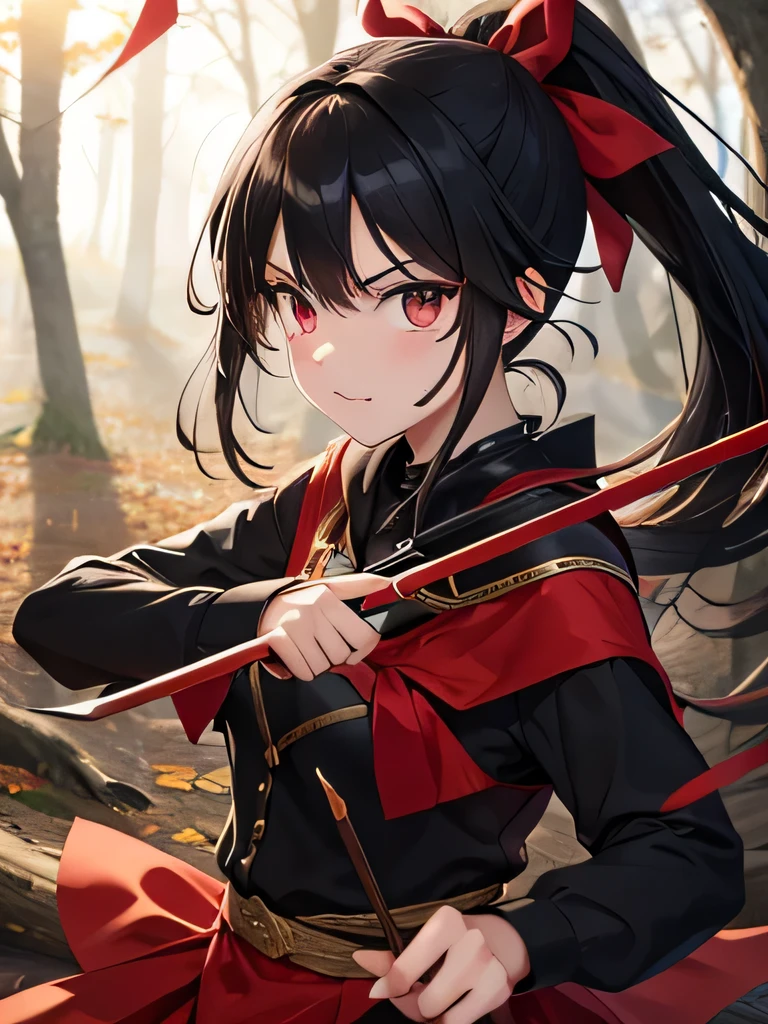 Black Hair，ponytail，Dark Eyes，Dancing in the woods，I have a bowgun，Sharp Eyes，Red ribbon，Double，Cute face