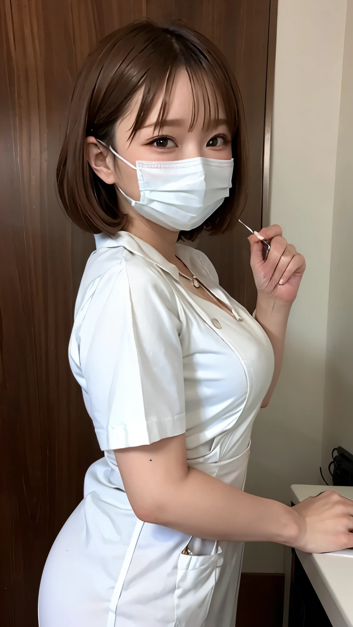 1 girl,(Wearing white nurse clothes:1.2),(RAW Photos, highest quality), (Realistic, photo-Realistic:1.4), masterpiece, Very delicate and beautiful, Very detailed, 2k wallpaper, wonderful, finely, Very detailed CG unity 8k wallpaper, Very detailed, High resolution, Soft Light, Beautiful detailed girl, Very detailed eyes and face, Beautiful and detailed nose, finely beautiful eyes, nurse, Perfect Anatomy, Black Hair, Upstyle, nurse uniform, ((mask)), Long skirt, nurse, White costume, thin, hospital, clear, White Uniform, hospital room, Neck auscultation,Bobcut