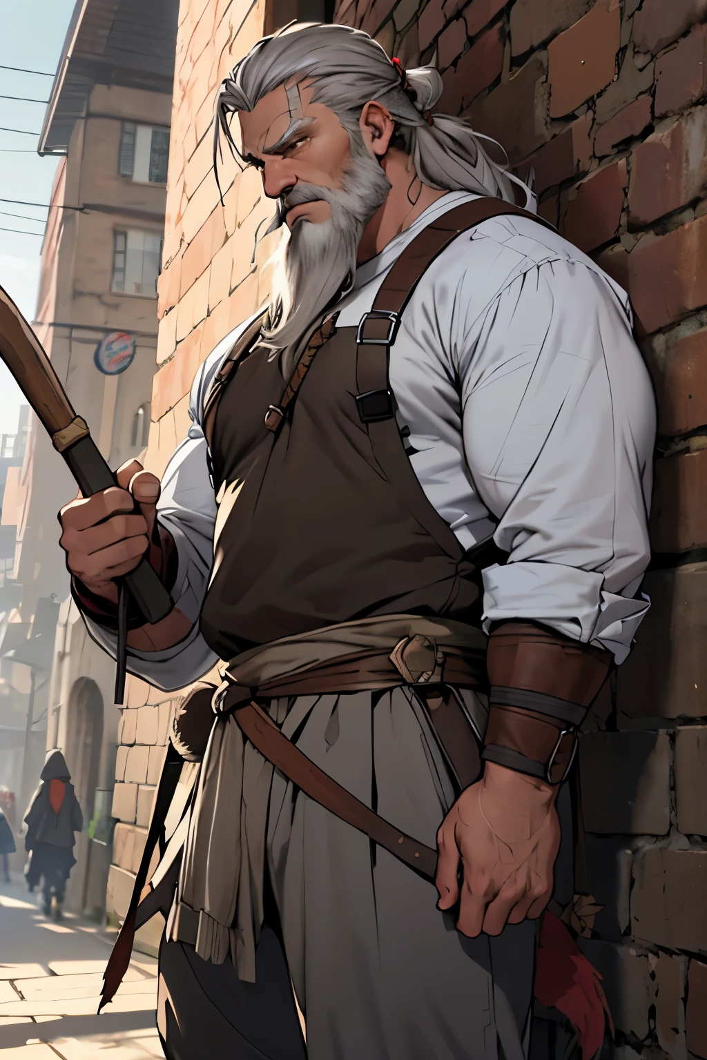 Yhorm is a 50 years old viking. He is tall, muscular, handsome, have long grey hair, grey beard, white shirt, long brown trousers in adventurer style, fierce looking, holding two handaxes.
