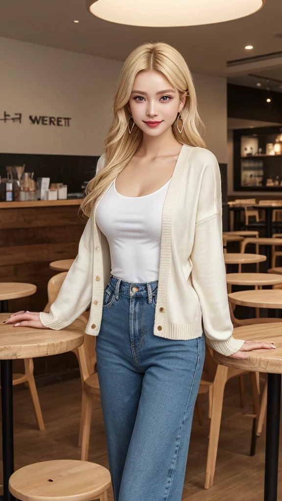 1 29 year old blonde beautiful woman with long hair posing for a picture, Beautiful long blonde woman, Long blonde very beautiful woman, She is resting her exhausted body while drinking coffee and sitting on a wooden chair, A lonely smile, Well-cared for beautiful long blonde, 8K Realistic ultra wide angle photo, Photograph from the front of her, Smooth long blonde beautiful woman, She has a slim figure and 10 heads tall and tight waist and very long slender legs, She has a very white and fine and smooth skin, breast enhancement, Long blonde Swedish woman, blonde eyebrows, She has bittersweet feeling, Glossy long blonde hair, She's moist eyes, thick plump and shiny lips, A photo from head to toe, A person in the center left and right, She wears an oversized cardigan over a long-sleeved oversized T-shirt and wide denim pants and sneakers, A very simple earrings, Perfect Makeup, Professional lighting like movies inside the cafe crowded with people at dusk