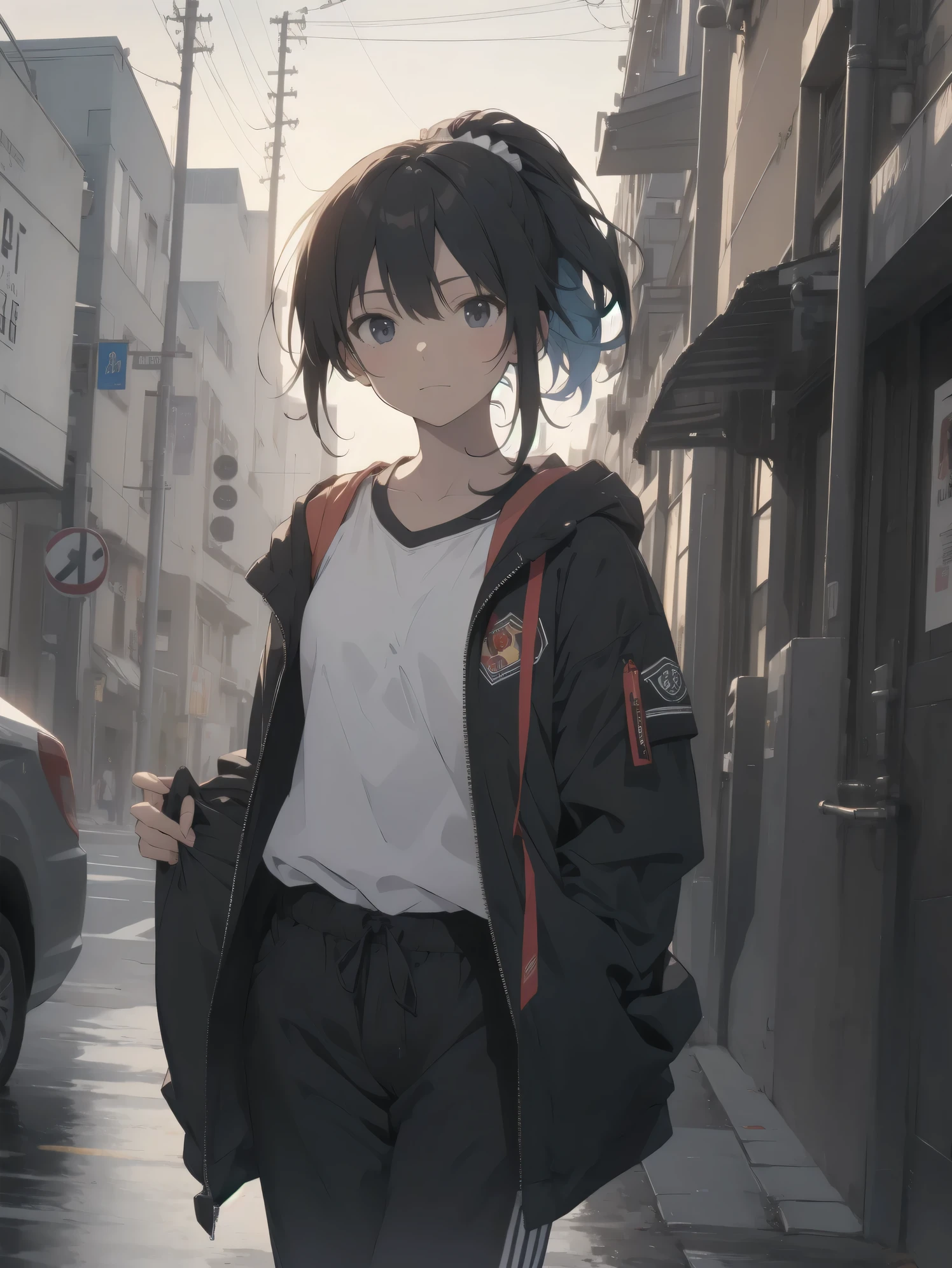 ultra-absurdres-Top quality by artist God, ultra-detailed, high resolution, anime moe artstyle, best anime 8k konachan wallpaper, pixiv contest winner,pool:2810, perfect anatomy,break, 1girl, (Please draw a tomboy walking to home alone. )break,(Solo,little female, 13-year-old:1.3),Full limbs, complete fingers, (very short hair), ponytail, flat chest, , small butt, small black eyes, beautiful detailed eyes, well-proportioned iris and pupils, expressive eyes, highres detailed hair, soft expression, school_gym uniform, official_alternate_costume,gym short shorts,(Detailed Lighting), (Detailed background), in the School commute route. break,super detailed skin, Best cinematic lighting powered by famous artist, 8k,beauty illustration,photoshop_(medium),very aesthetic,break,((artist:ido_(teketeke))), artist:bolze ,artist:oyari_ashito ,artist:kantoku ,