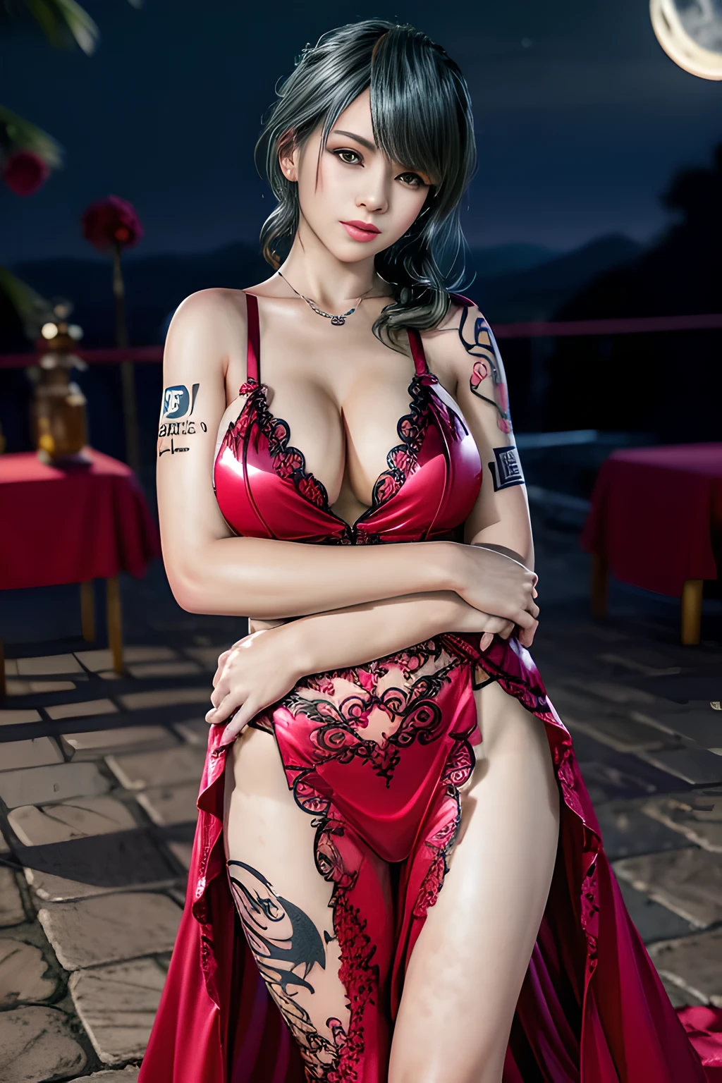 1 girl,lean over WINK, (dark red Wedding Dress,see-through), nighttime,moon,( huge breasts:1.1),cleavage,shiny skin,lip gloss,( tattoos:1.2), masterpiece, best quality, realistic ,Surrealism,Rich artistic colors,natural colors art in 8k,3D,Portrait art,solo, tamaki