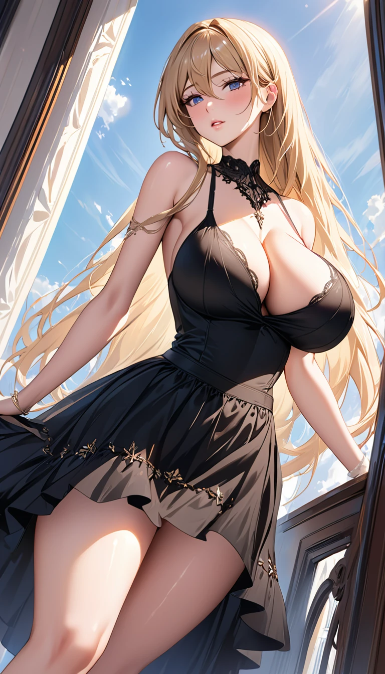 masterpiece:1.4,best-quality,Super Detail,Very Delicate and Beautiful, (( nsfw, low angle shot )), highest grade prostitute, black skirt, blonde long hair, very gigantic breasts, cleavage, very slender, perfect face