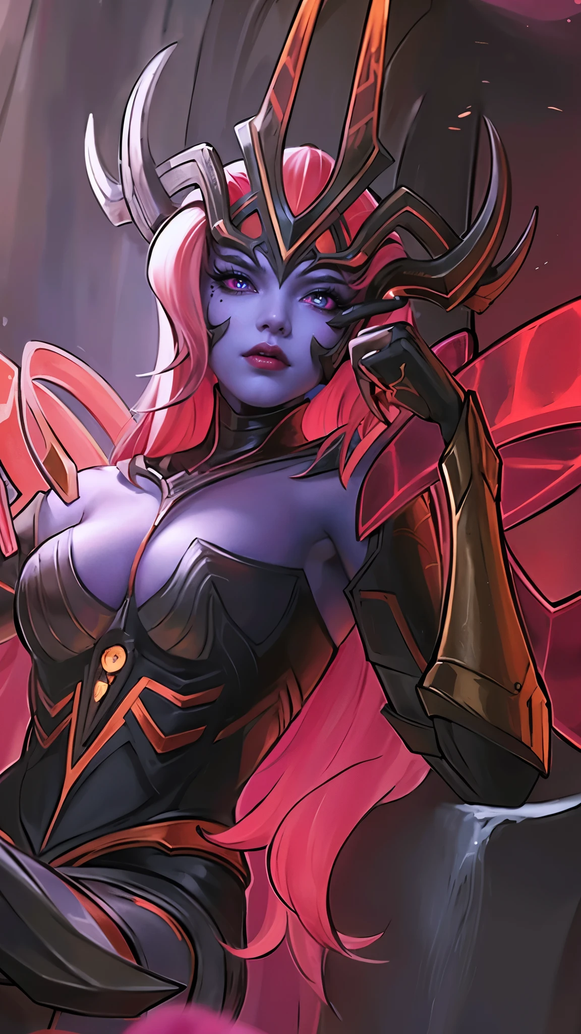 (female:1.2), 8k, ultra hd, ultra detailed texture, hyper realistic, masterpiece, detailed texture, detailed face, detailed skin, detailed lighting, (photorealistic:1.5), best quality, beautiful lighting, cinematic lighting, professional lighting, ultra highres, realistic, detailed hair, real hair, high quality, (realskin:1.5), extremely detailed, finely detail, ultra-detailed, 1girl, solo, elf, pointy ears, standing, demon horns, forehead protector, (red eyes:1.5), v-shapped eyebrow, lips, red lips, evil smile, nose, make up, pretty, beautiful, long hair, red hair, high ponytail, large breasts, cleavage, armpit, navel, stomach, black armor, pauldrons, bare shoulders, shoulder armor, thigh high, sleevless, detached sleeves, breastplate, gauntlets, karina \(mobile legends\), depth of field, looking aways, white skin, skin tight, amazing pose, outdoors, glowing, dark view