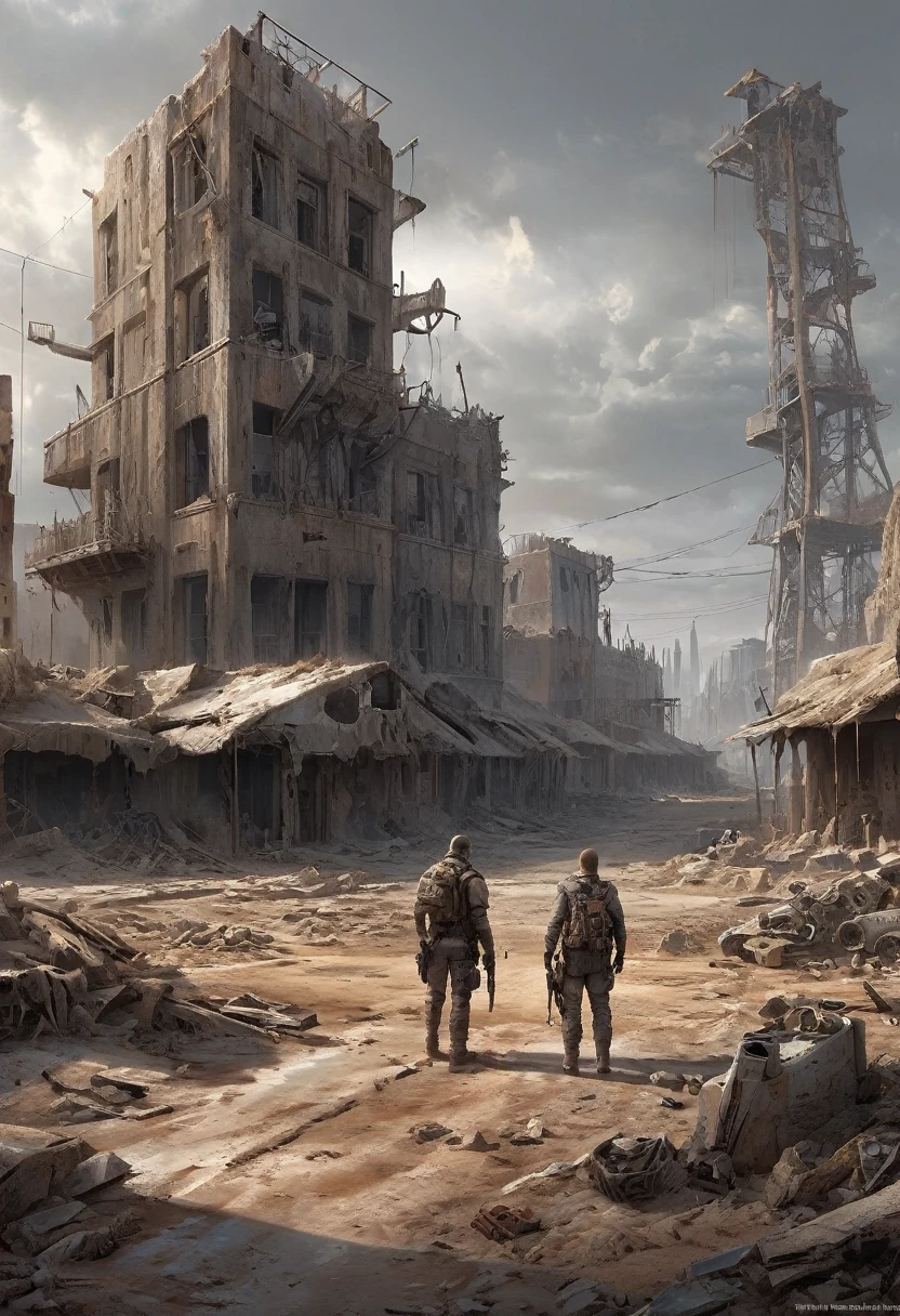 Post apocalyptic scenario, Desolate atmosphere, Dystopian landscape, wasteland, (masterpiece, best quality, Professional, perfect composition, very aesthetic, absurdres, ultra-detailed, intricate details:1.3)
