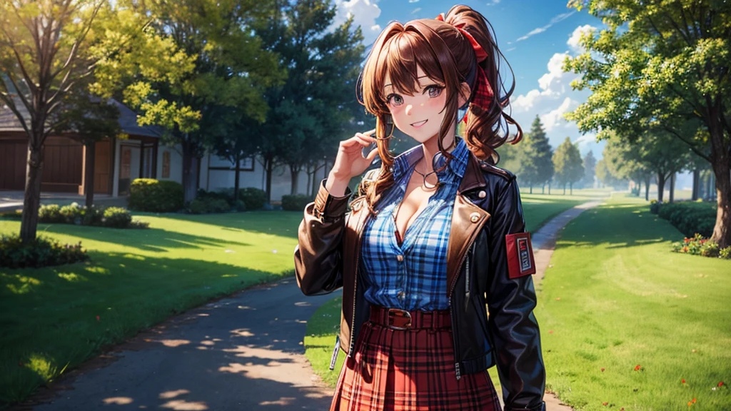 1girl, summer, village, trees, sun, clouds, ((colorful hair)), long hair, curly hair, ponytail, large breasts, button down shirt, ((blue checked shirt)), ((unbuttoned shirt)), unbuttoning buttons, popping buttons, cleavage 1:3, brown eyes, ((opened brown zipper jacket)), leather jacket, ((red black skirt)), smile, looking at the viewer, touching neck, standng, hair ribbon, golden necklate