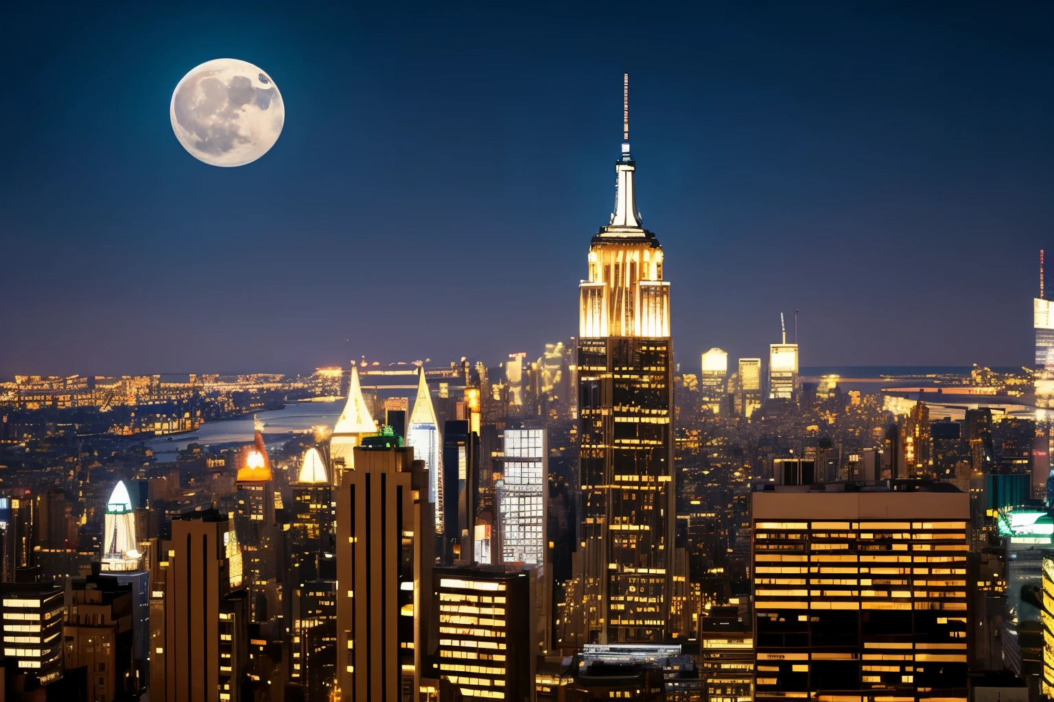 new york city, night, light up, Night view, moon light, building, beautiful, high detailed, high qulaity, masterpiece,