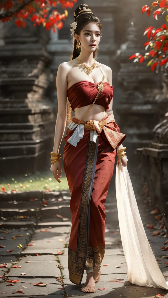 beautiful girl ,Thai women&#39;warrior, walking at thai measure, dynamic poses, Thai Chat Set, Strapless shirt, long hair,black eyes,abdominal muscles, thin body, rounded chest, (big breast:1.3), rift, small thighs, Long legs, morning sun, staring at the audience, (sexy poses), ((face details)), Double eyelids, that is finished, realistic, Masterpiece, qualityสูงสุด, lens flare, shade, old measure, measure, [[Chromatic aberration]], By Jeremy Lipking, By Antonio J... Manzanedo, digital painting, HDR, high contrast, Covered in a long thin sash, Beautiful figure, (realistic:1.3), Crazy details, quality, (Masterpiece:1.2), (ภาพrealistic:1.2), (qualityที่ดีที่สุด), (Beautiful skin:1.3), (There are complicated details...), Ray tracing, ((Full body)), ((ผู้หญิง 1 person)), (((1 person))), Age 18-20 years, ((long hair, for a very long time., ปล่อยlong hair)), smile, red tank top, white coat, red striped skirt., Contrasting colors with dresses and skirts..., Show off your pretty shoulders..., skirt pattern, earring, necklace, Javanese jewelry, (blurred background), riftของเต้านม, big breast, Beautiful breasts, Big breast augmentation, Long legs, white skin, charming, ultimate beauty