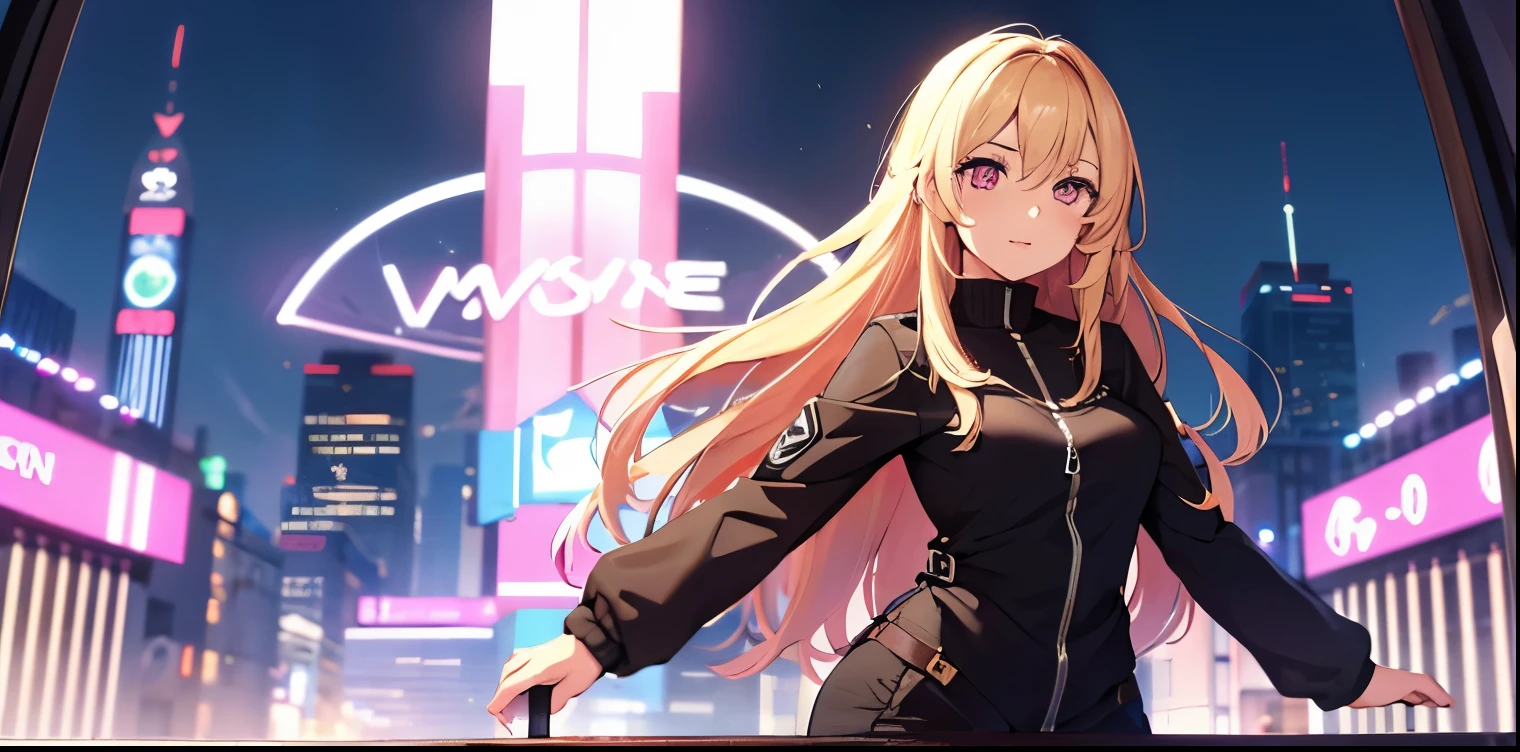 1 Girl, Blonde, Pink Eyes, Very long hair, long sleEve, ((masterpiece)), (highest quality), Eve, (whole body), City of night,Overall details,
