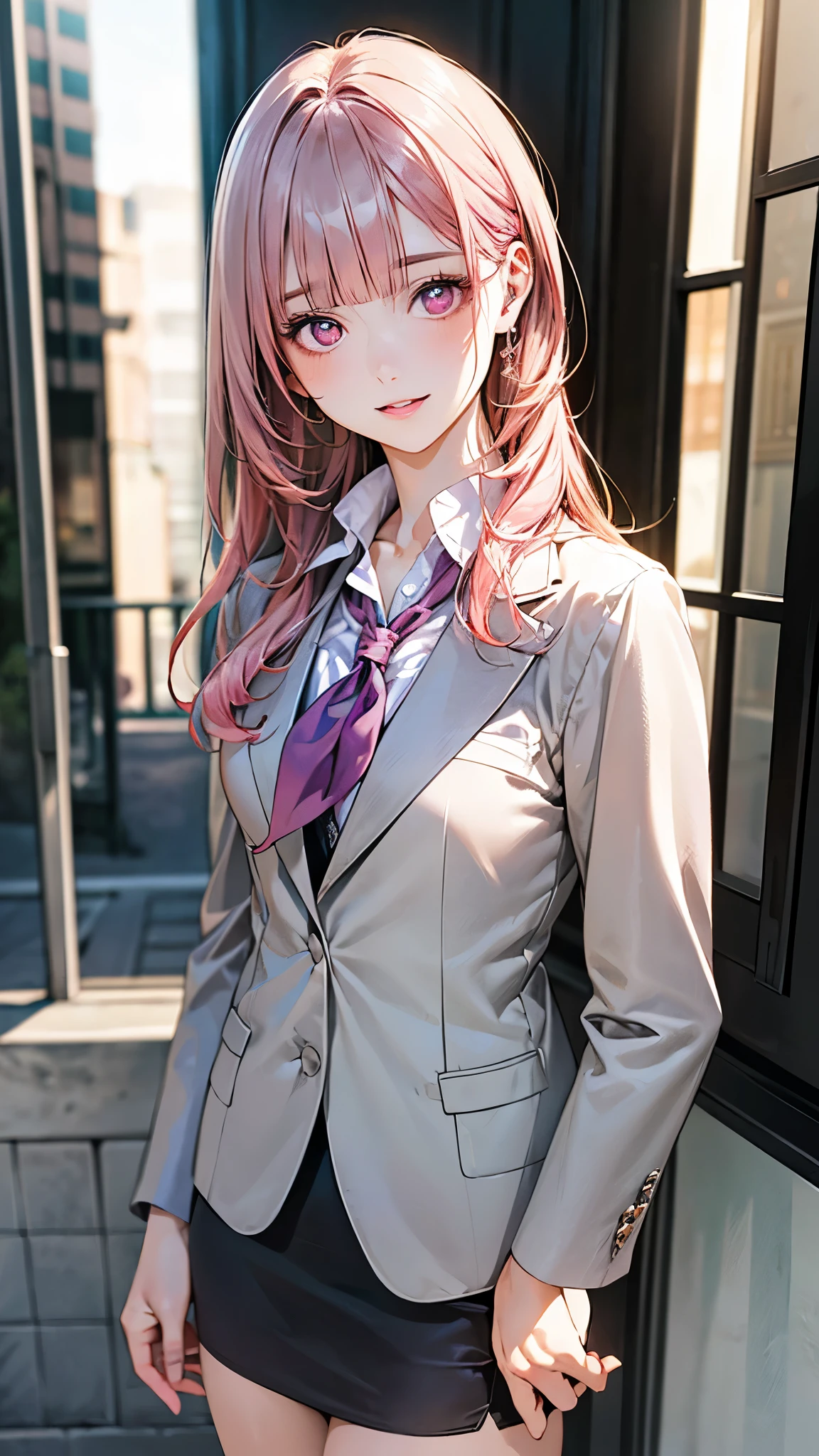 (masterpiece:1.2, top-quality), (realistic, photorealistic:1.4), beautiful illustration, (natural side lighting, movie lighting), ,
beautiful detailed hair, beautiful detailed face, beautiful detailed eyes, beautiful clavicle, beautiful body, beautiful chest, beautiful thigh, beautiful legs, beautiful hands,
looking at viewer, 1 girl, japanese, office lady, 20 years old, perfect face, cute and symmetrical face, shiny skin,
(very long hair, straight hair, salmon pink hair), blunt bangs, maroon eyes, slant eyes, big eyes, long eye lasher, (medium breasts, small ass, thin thighs), slender, outstanding style,
detailed cloth texture, ((light purple stripe very small neckerchief, white collared shirt, light gray pencil middle skirt, close blazer, light gray blazer)),
(beautiful scenery), spring, evening, (downtown), standing, (lovely smile, parted lips),