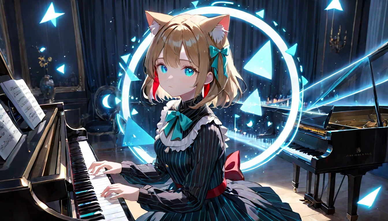 (masterpiece, best quality, very aesthetic, absurdres,general) ,
1girl, solo,、music room、Girl playing classical piano、Cat ear、clear eyes,artificial intelligence,Glowing triangular magic circle,Sad expression,BREAK ,beautiful girl,  bule cut dress,Turquoise striped pattern, big red ribbon