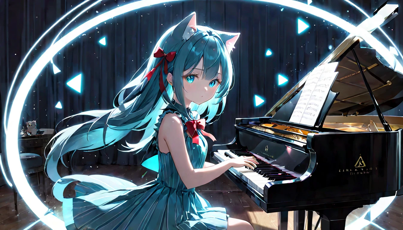 (masterpiece, best quality, very aesthetic, absurdres,general) ,
1girl, solo,、music room、Girl playing classical piano、Cat ear、clear eyes,artificial intelligence,Glowing triangular magic circle,Sad expression,BREAK ,beautiful girl, bule cut dress,Turquoise striped pattern, big red ribbon