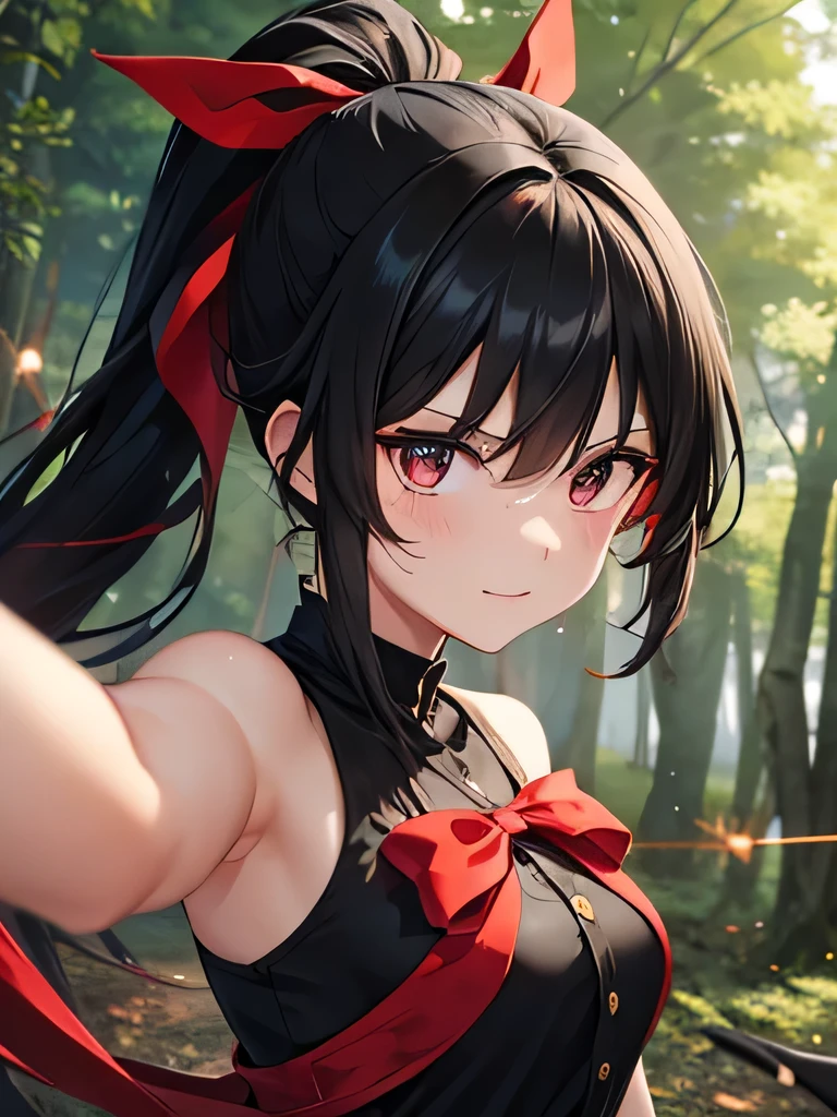 Black Hair,ponytail,Dark Eyes,Dancing in the woods,I have a bowgun,Sharp Eyes,Red ribbon,Double,Cute face